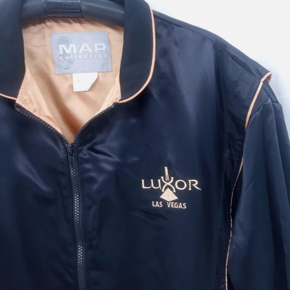 Vintage Luxor Black Gold Satin Jacket Map Collection L Bomber Las Vegas Casino - Picture 4 of 12